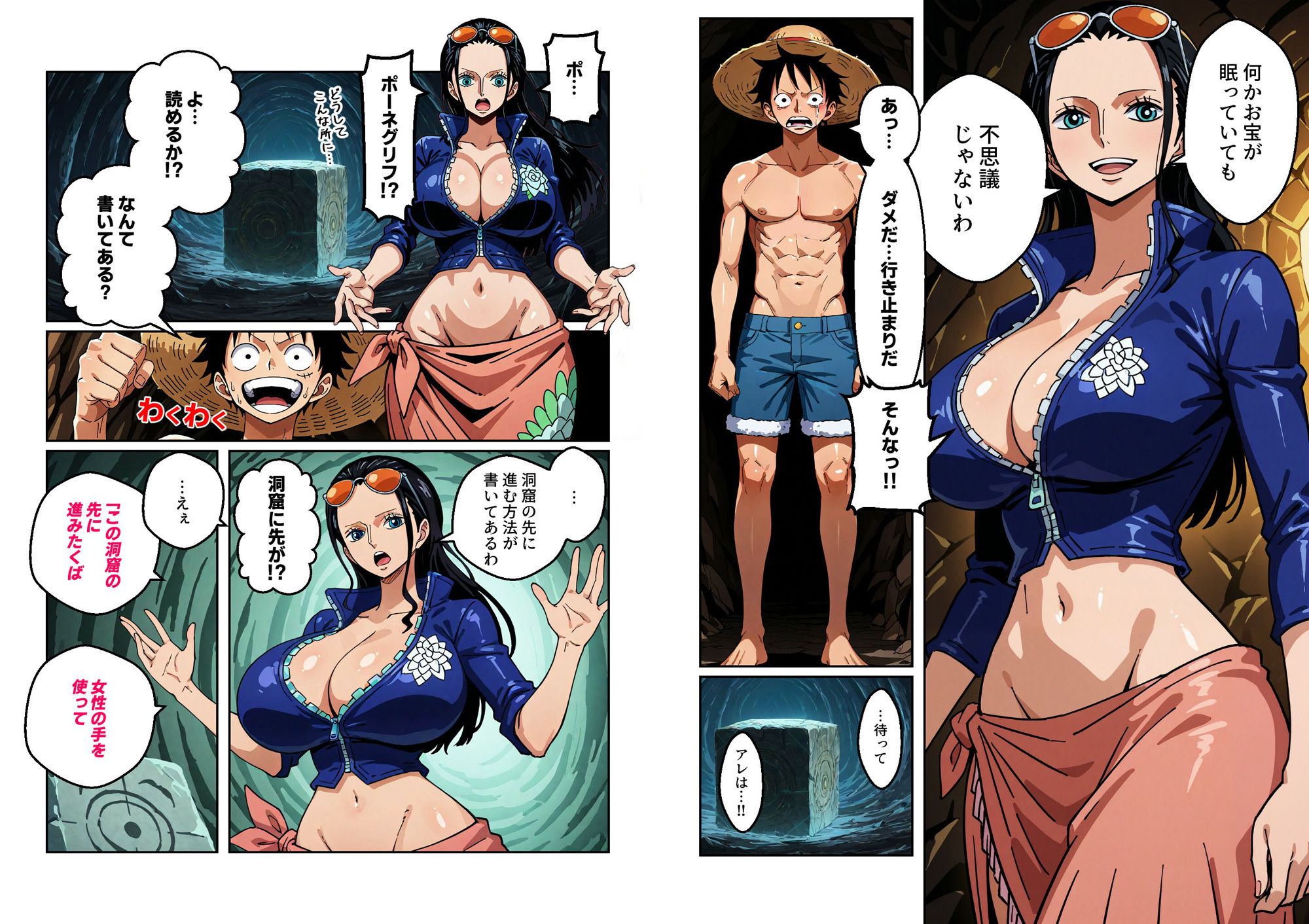 ワン○ース ニコ・ロビ○ 洞窟探検 スケベなポーネグリフの指示通りエッチ【マンガ＋CG集】
