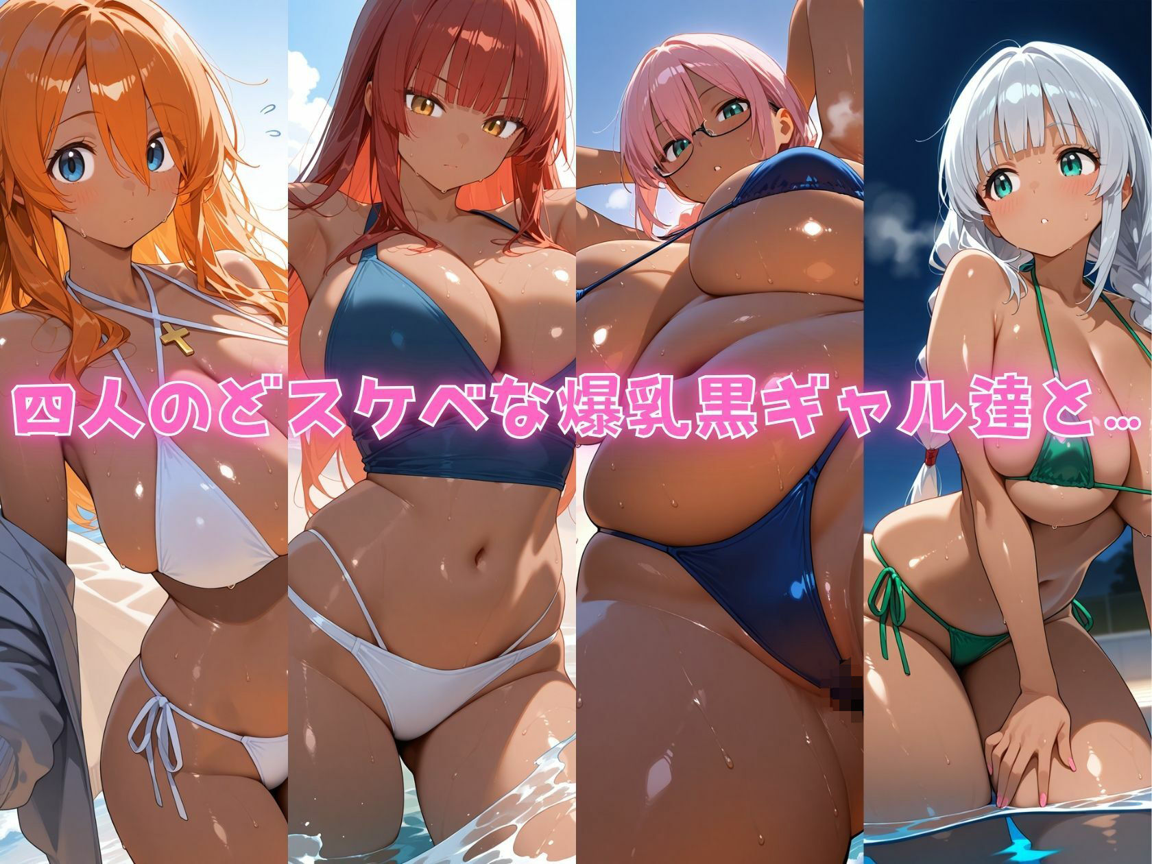 4人の爆乳黒ギャルとエロい水着汗だくSEX