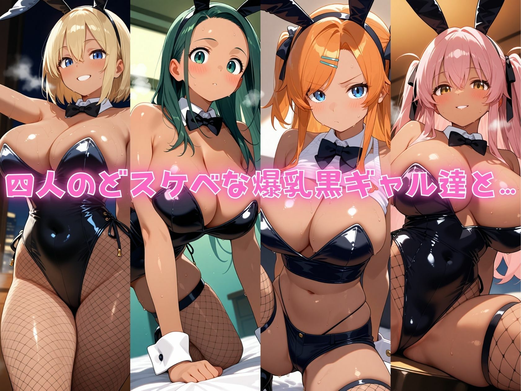 4人の爆乳黒ギャルバニーガール汗だくSEX