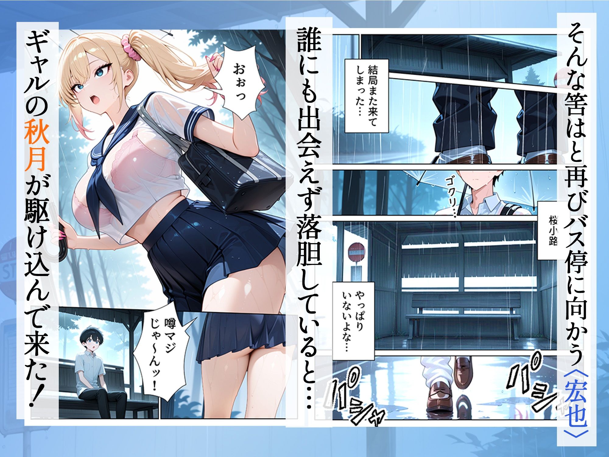 雨宿りのバス停で学園美女と濡れ透けSEXした話