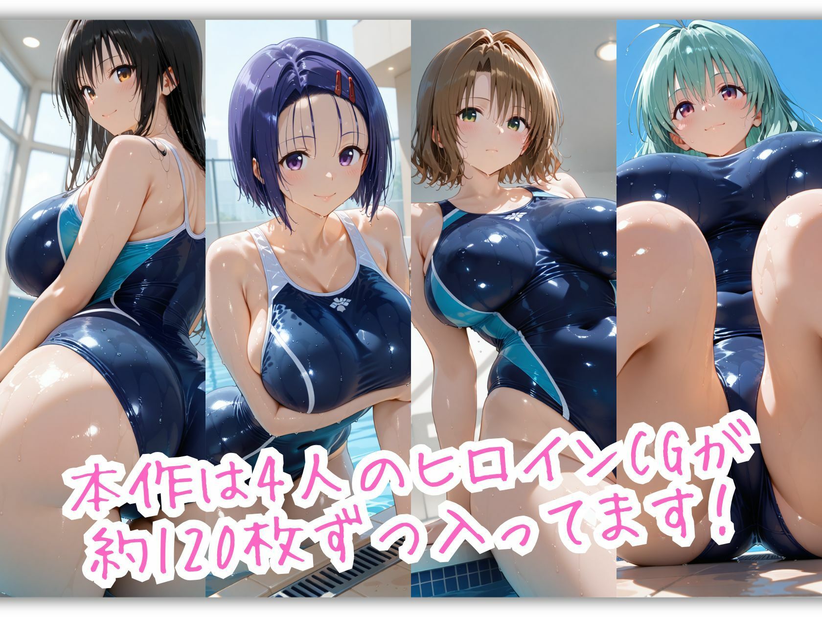 とらぶるスクール水着 濡れた紺色に透ける四人の素肌