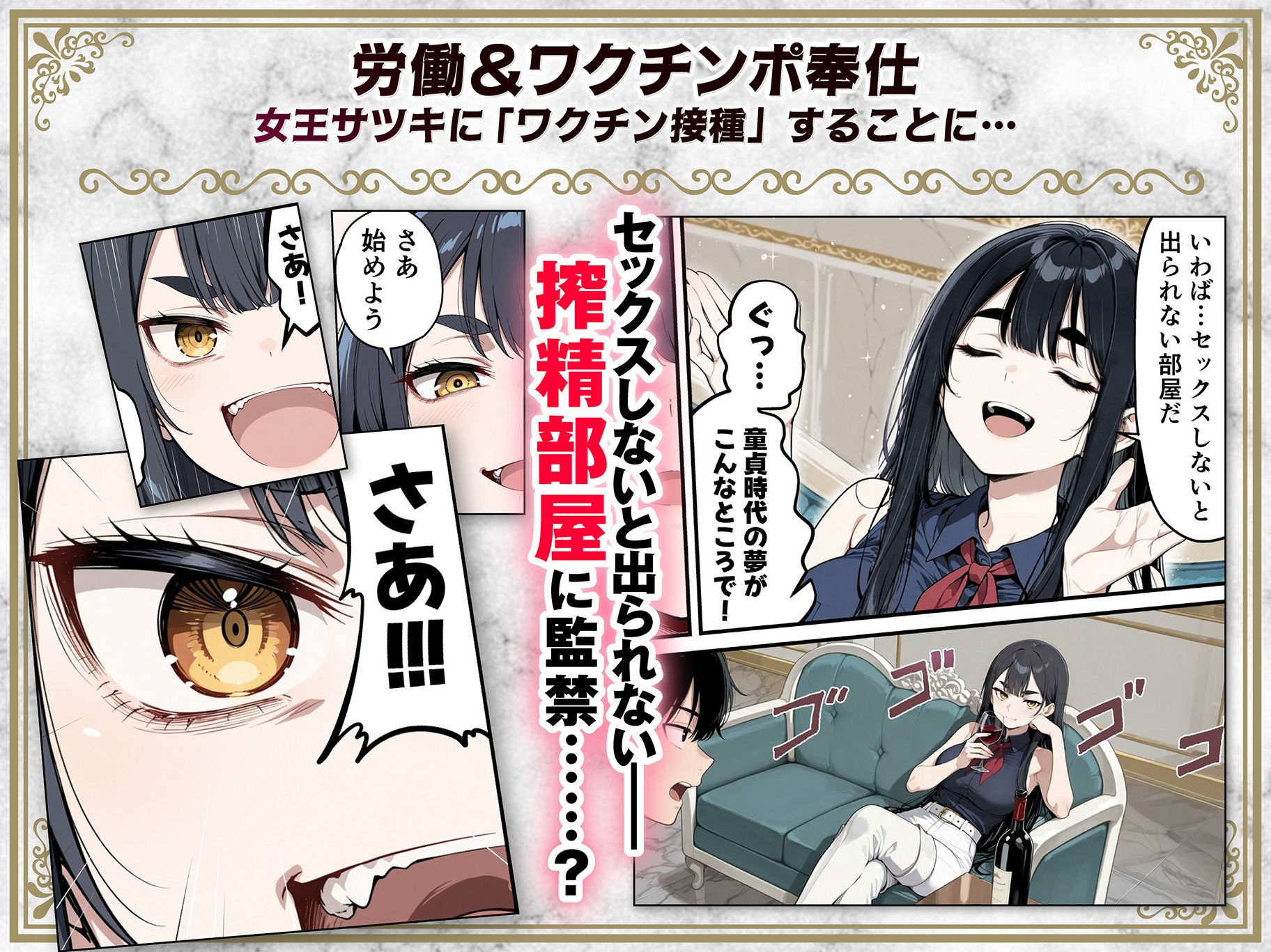 太眉おっぱい長官と貧乳ジト目副官にワクチンポな僕が搾精部屋へ閉じ込められる話